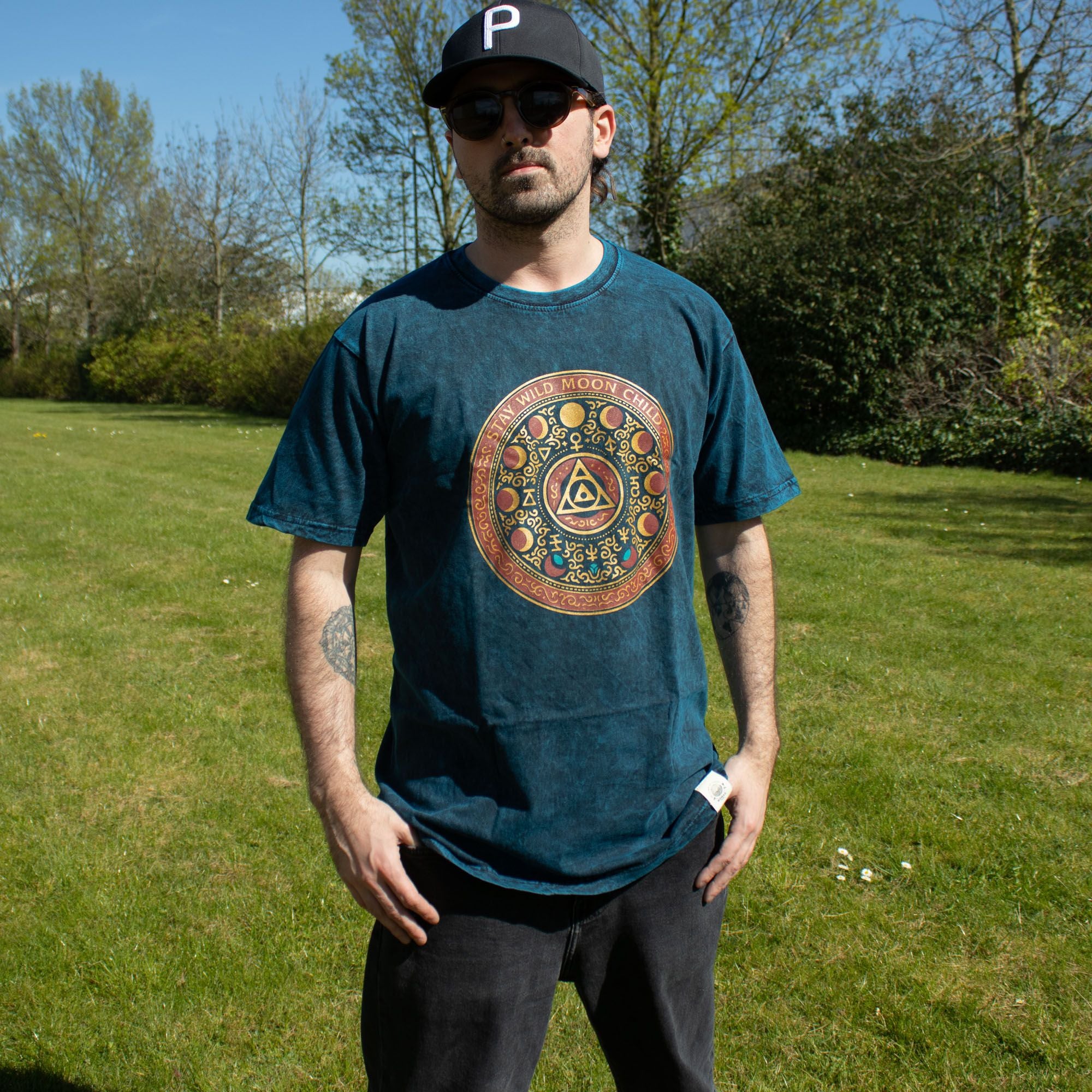 Nomad Sari Stonewashed Cotton T-Shirt | Stay Wild Moon Child | Blue | Large