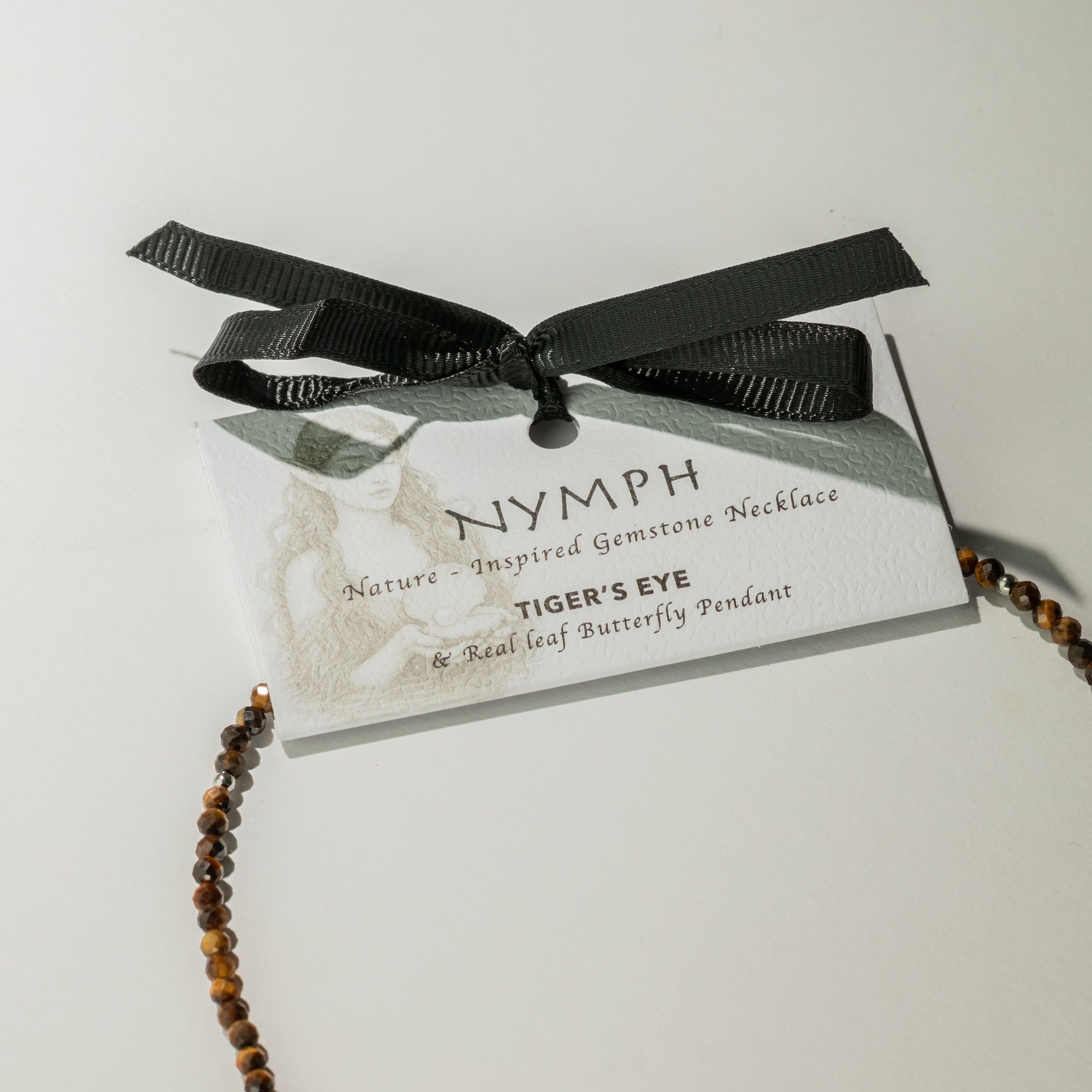 Nymph Tiger's Eye Gemstone Necklace with Real Leaf Butterfly Pendant