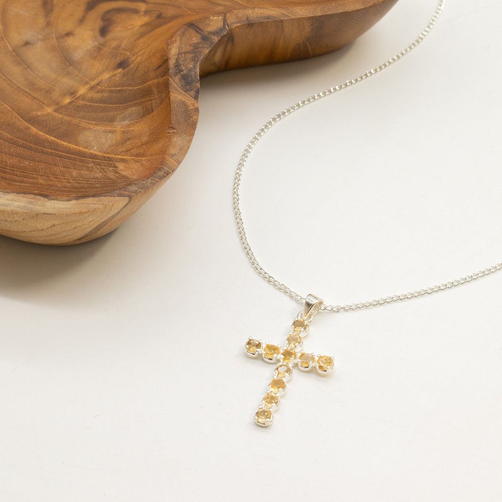 Citrine Crucifix Pendant | Silver Plated | 45cm Chain