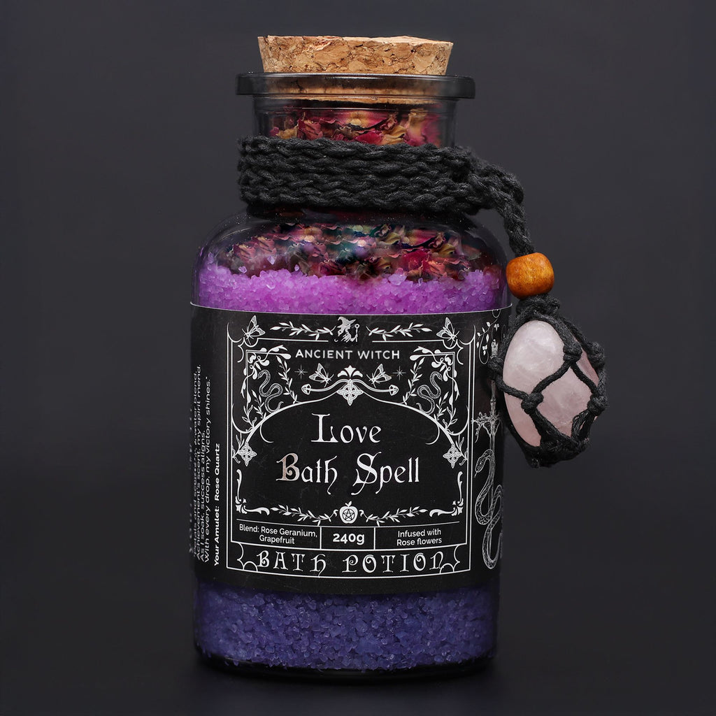 Ancient Witch Love Bath Spell Potion & Rose Quartz Crystal Amulet