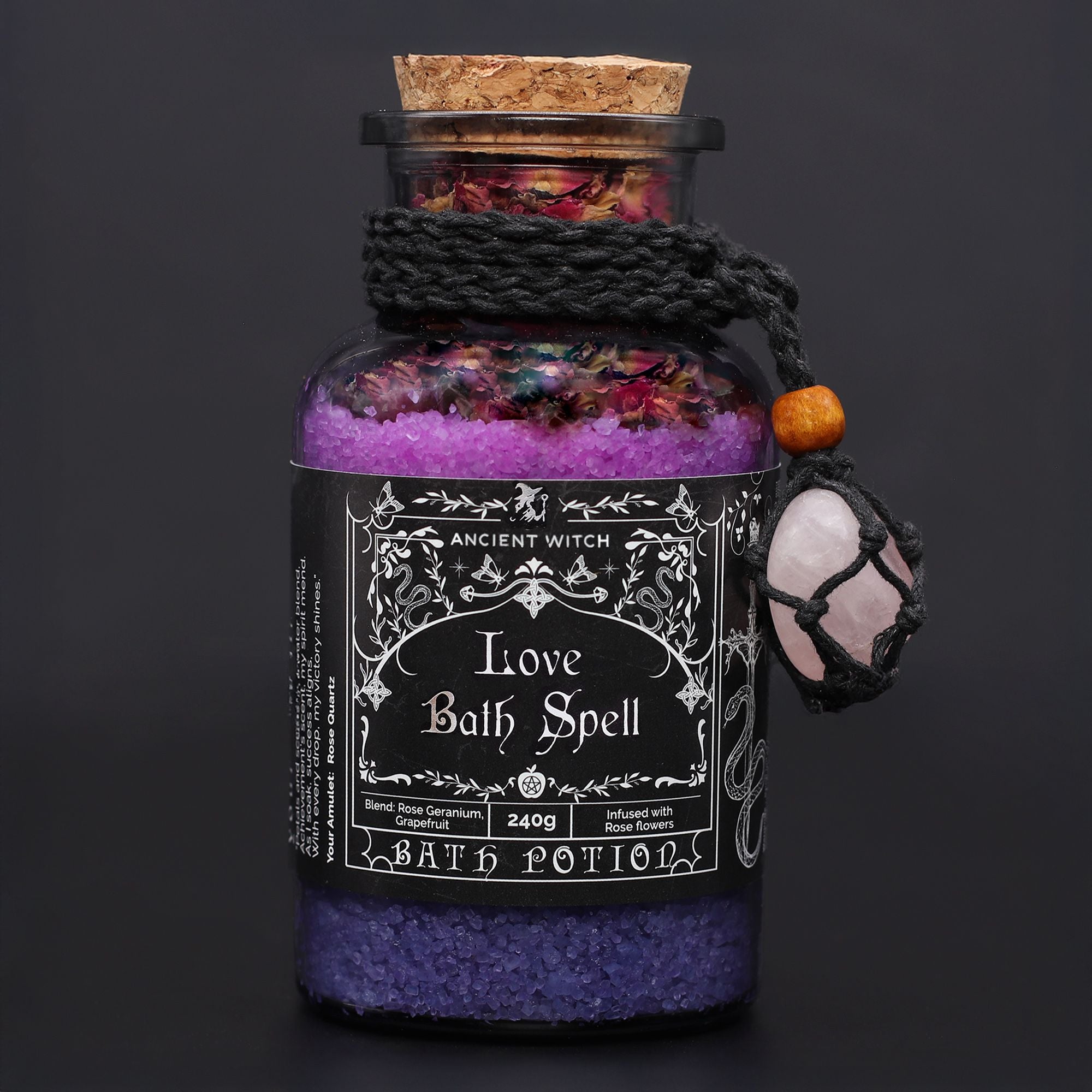 Ancient Witch Love Bath Spell Potion & Rose Quartz Crystal Amulet