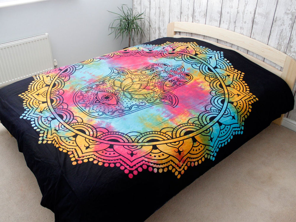 Hamsa Hand Cotton Bedspread & Wall Hanging – Black | Double