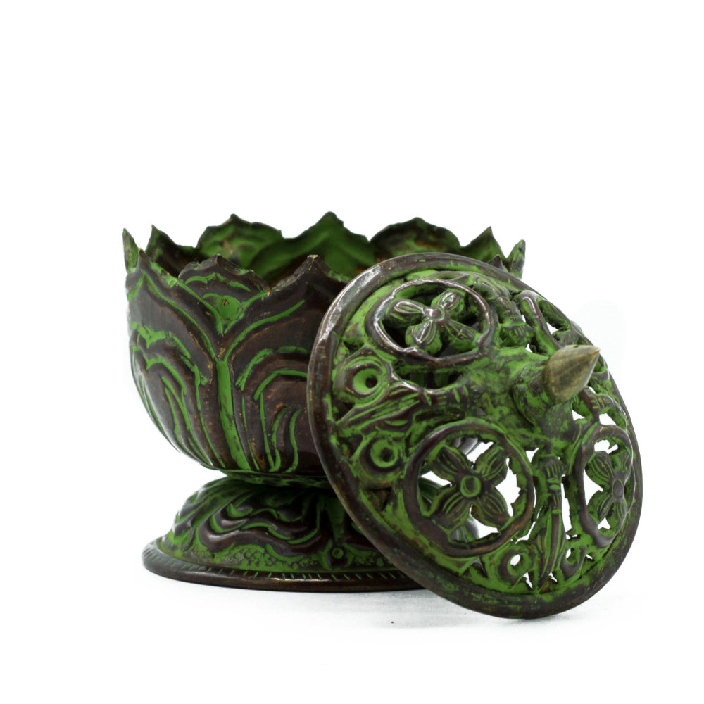 Small Lotus Brass Verdigris Tibetan Incense Burner
