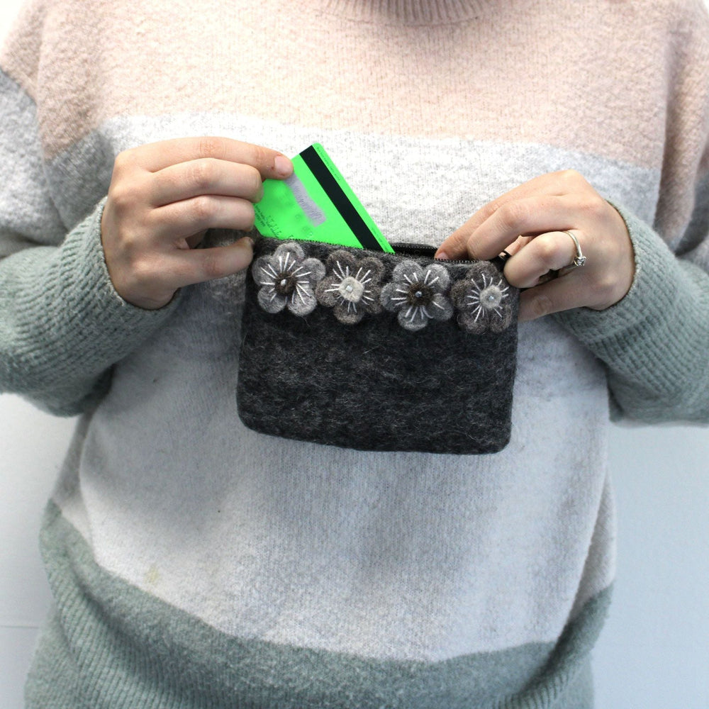 Four Flower Felt Zipper Pouch | Handmade Wool Pouch from Nepal