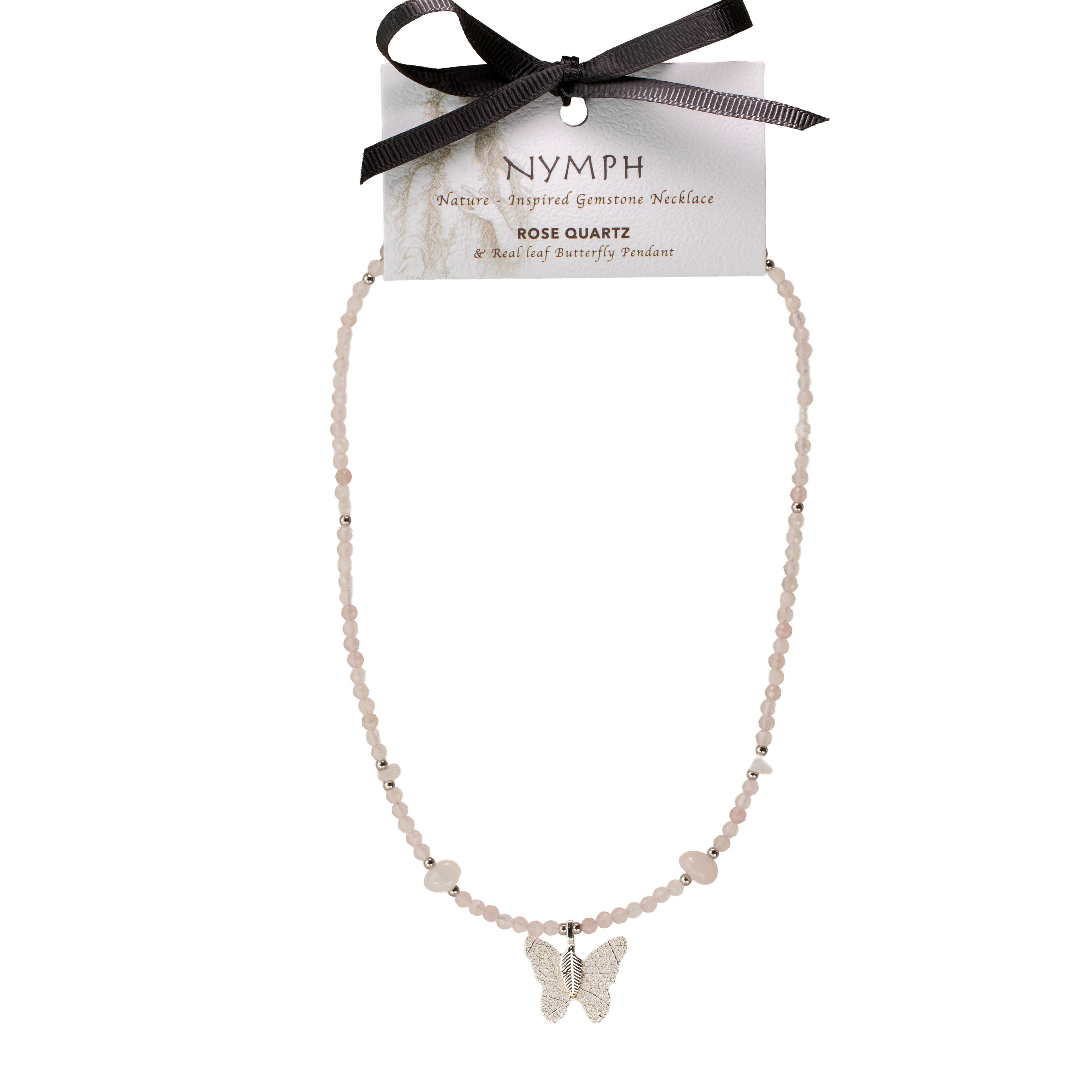 Nymph Rose Quartz Gemstone Necklace with Real Leaf Butterfly Pendant