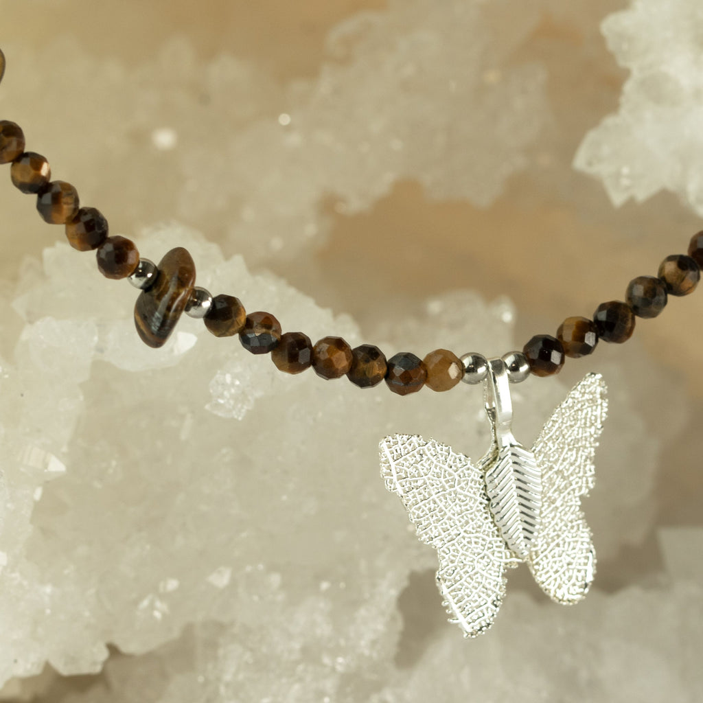 Nymph Tiger's Eye Gemstone Necklace with Real Leaf Butterfly Pendant