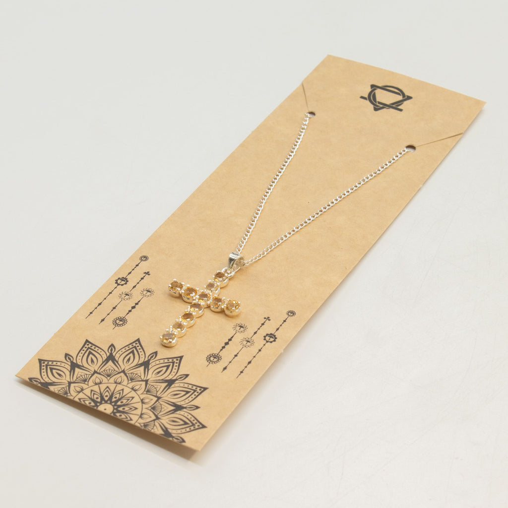 Citrine Crucifix Pendant | Silver Plated | 45cm Chain
