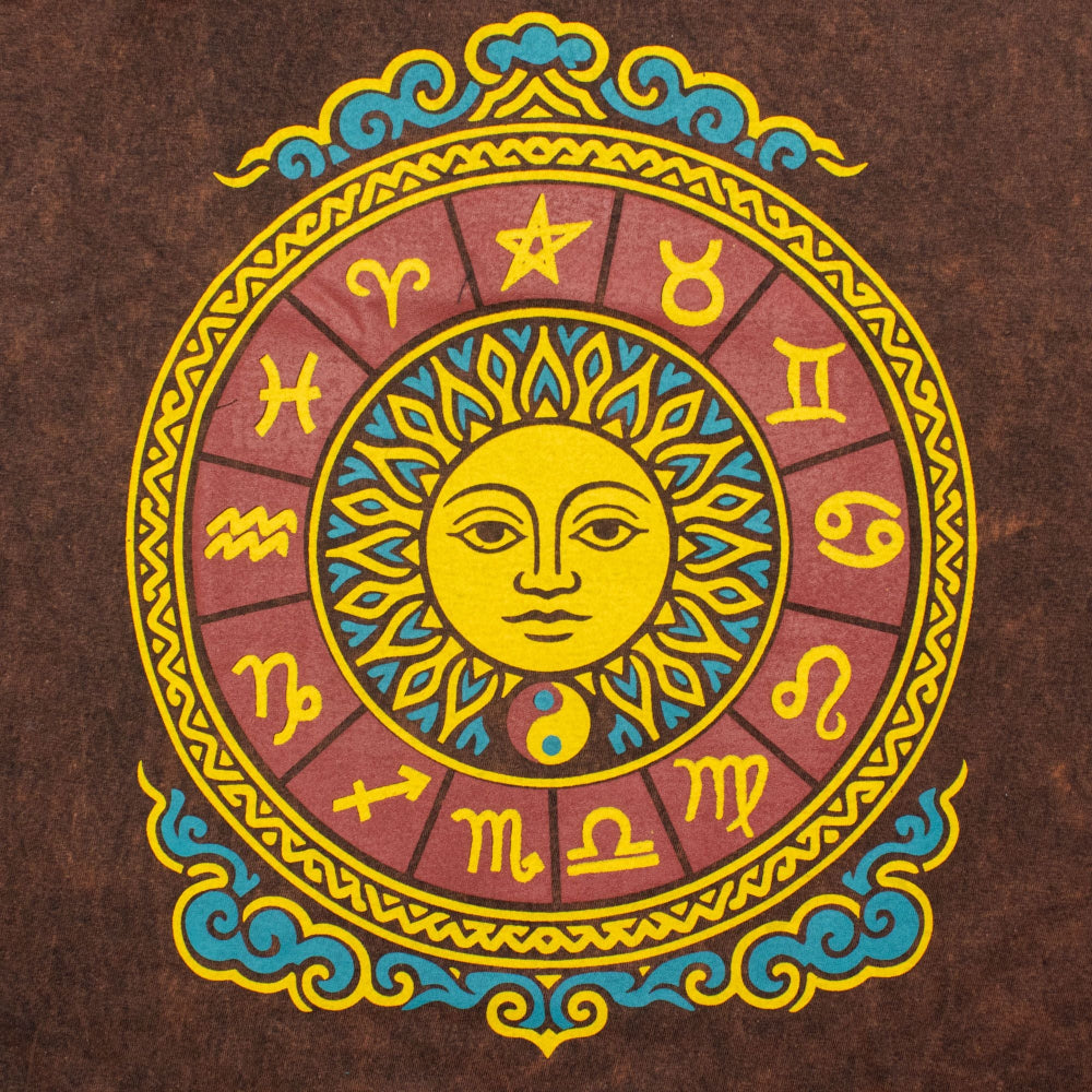 Nomad Sari Stonewashed Cotton T-Shirt | Sun & Zodiac | Brown | Small