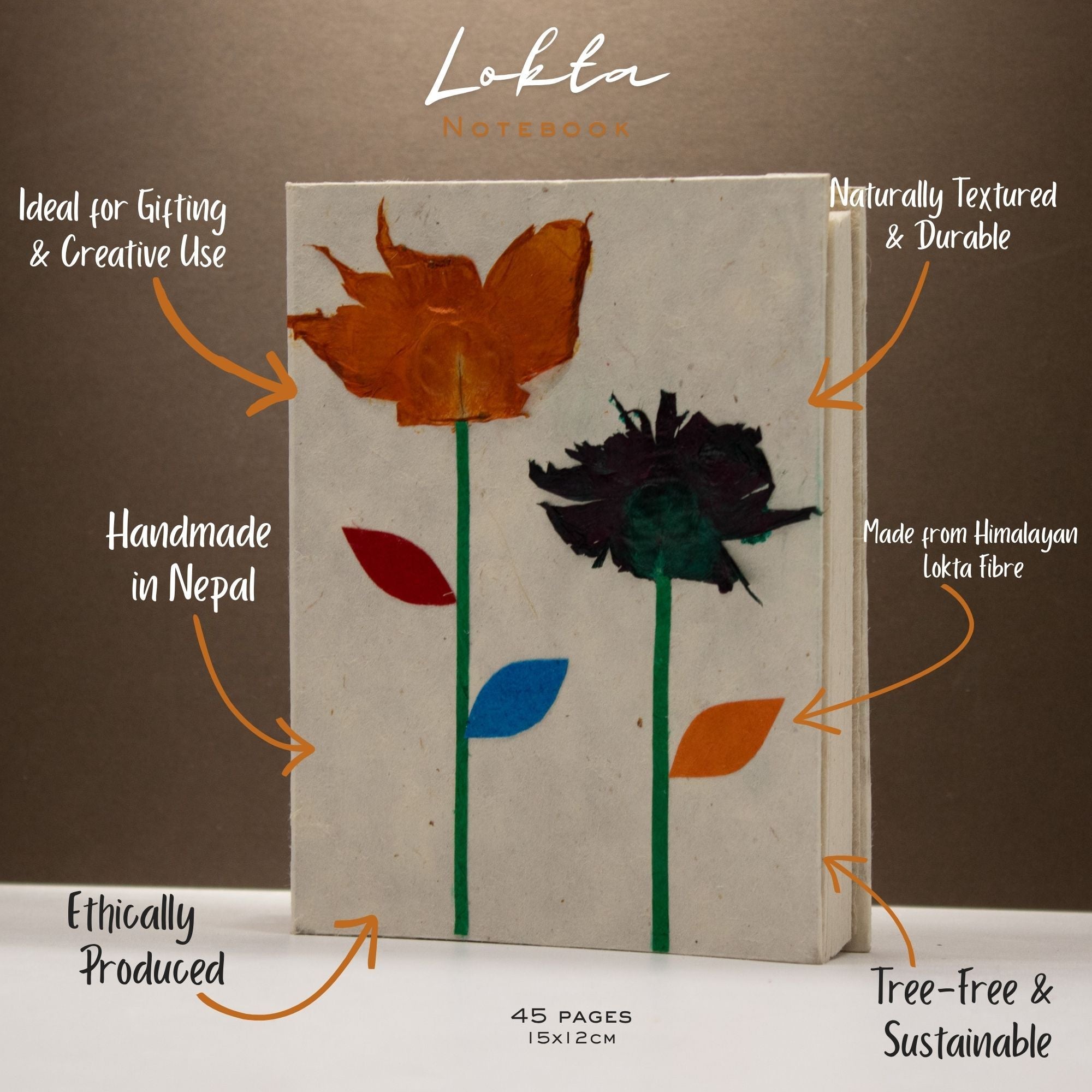 Lokta Paper Notebook | Real Himalayan Floral Design | 15x12cm