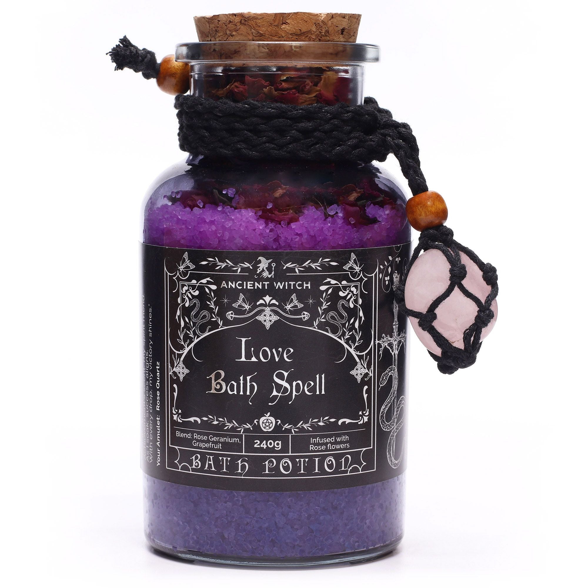 Ancient Witch Love Bath Spell Potion & Rose Quartz Crystal Amulet