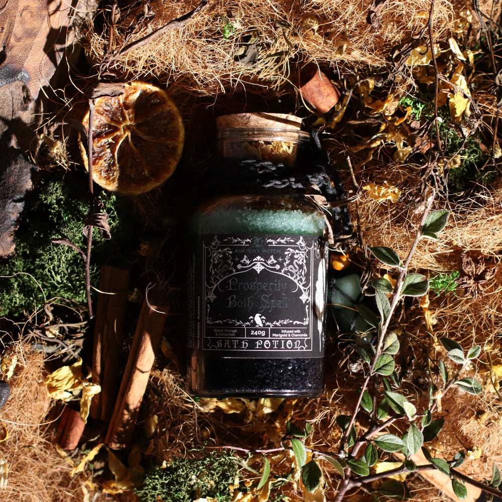 Ancient Witch Prosperity Bath Spell Potion & Aventurine Crystal Amulet