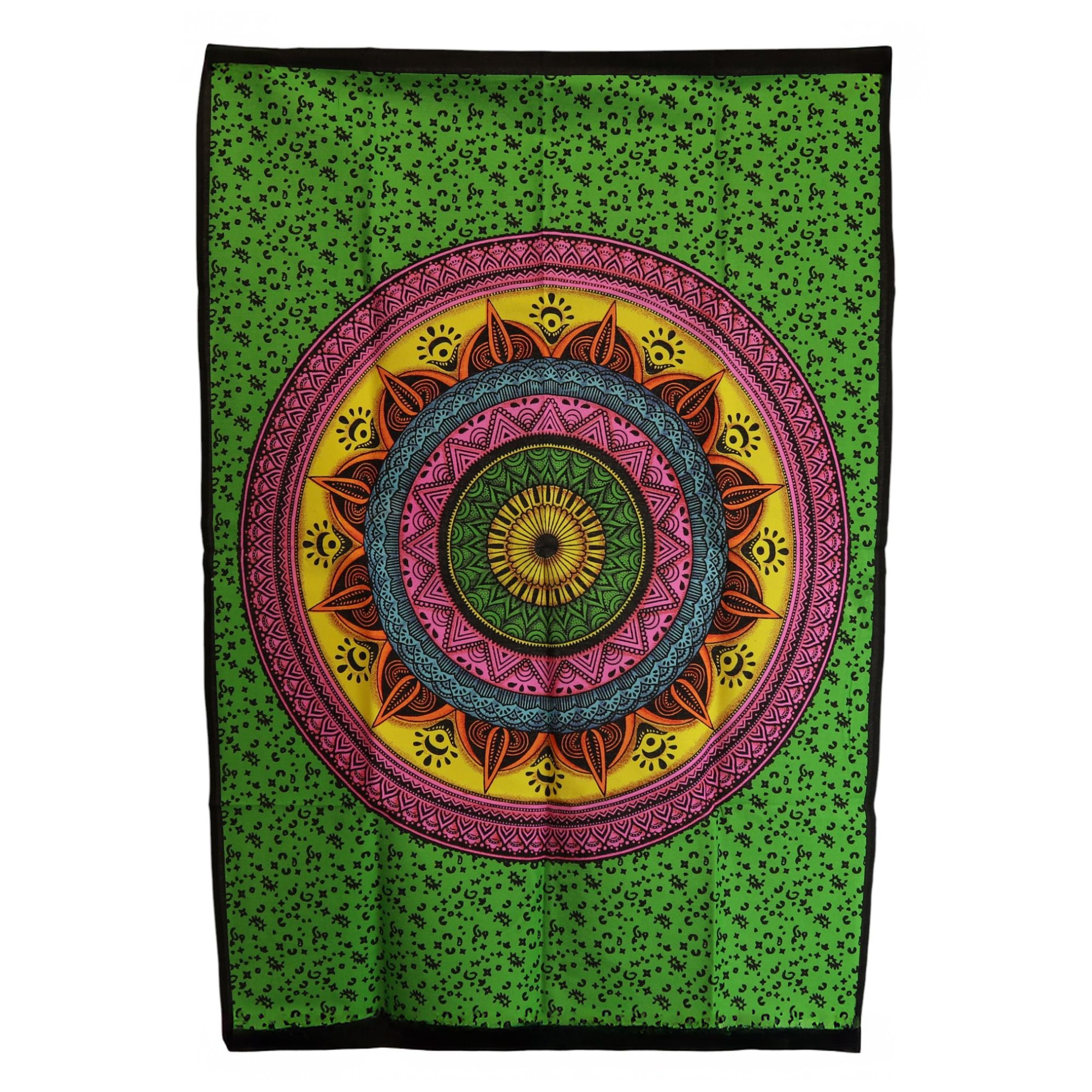 Colorful mandala tapestry on a green background