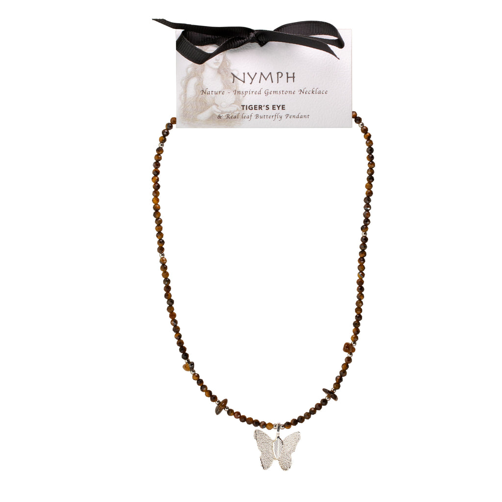 Nymph Tiger's Eye Gemstone Necklace with Real Leaf Butterfly Pendant
