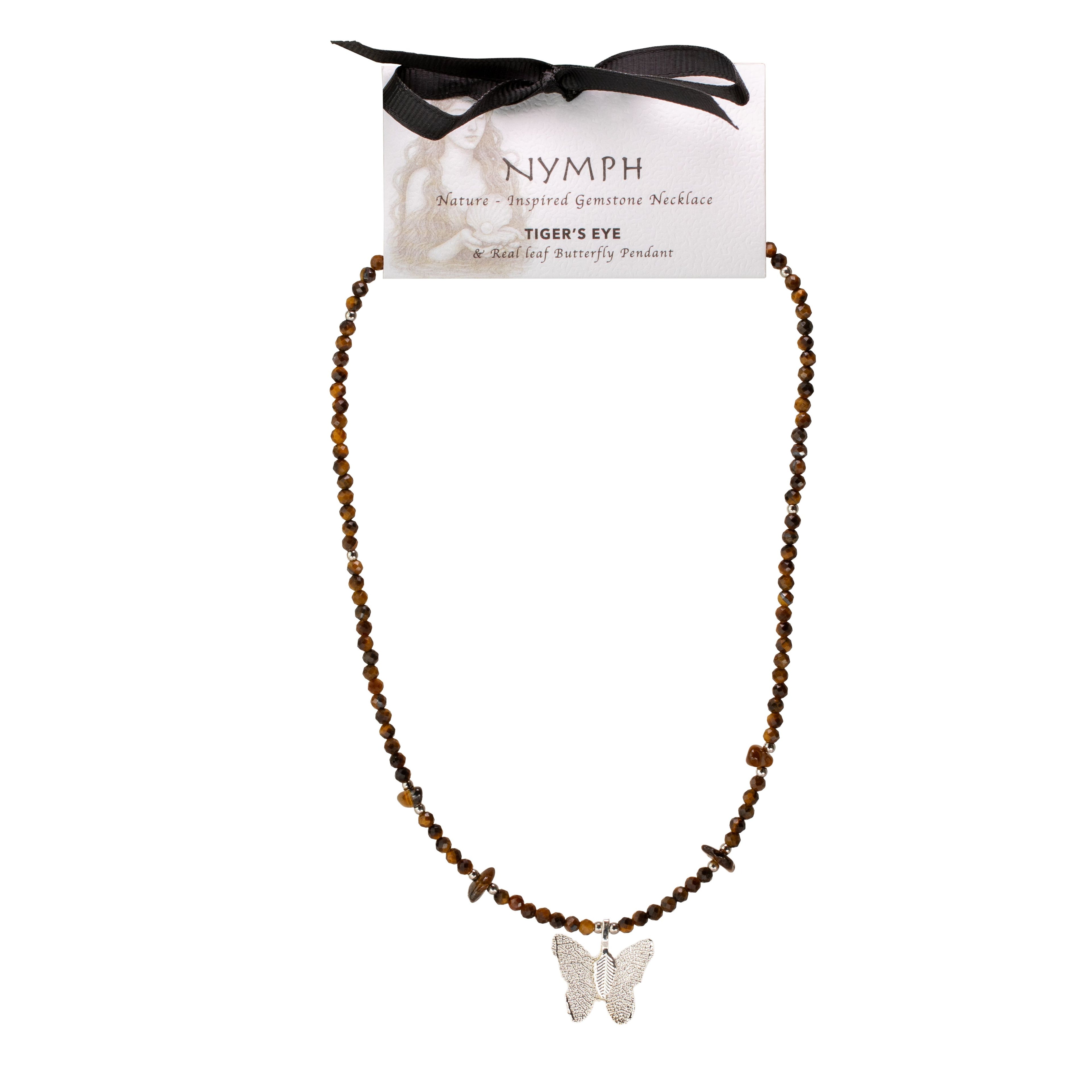 Nymph Tiger's Eye Gemstone Necklace with Real Leaf Butterfly Pendant