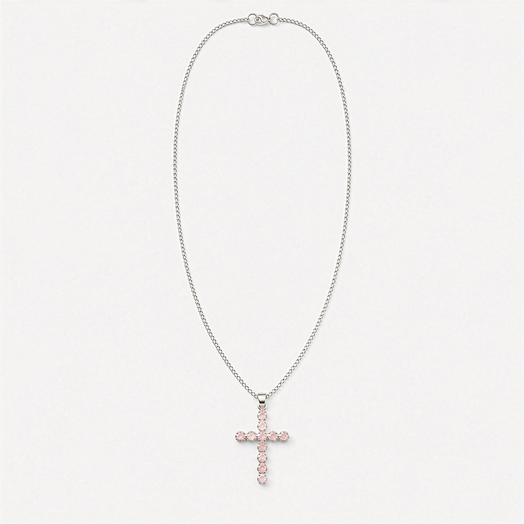 Rose Quartz Crucifix Pendant | Silver Plated | 45cm Chain
