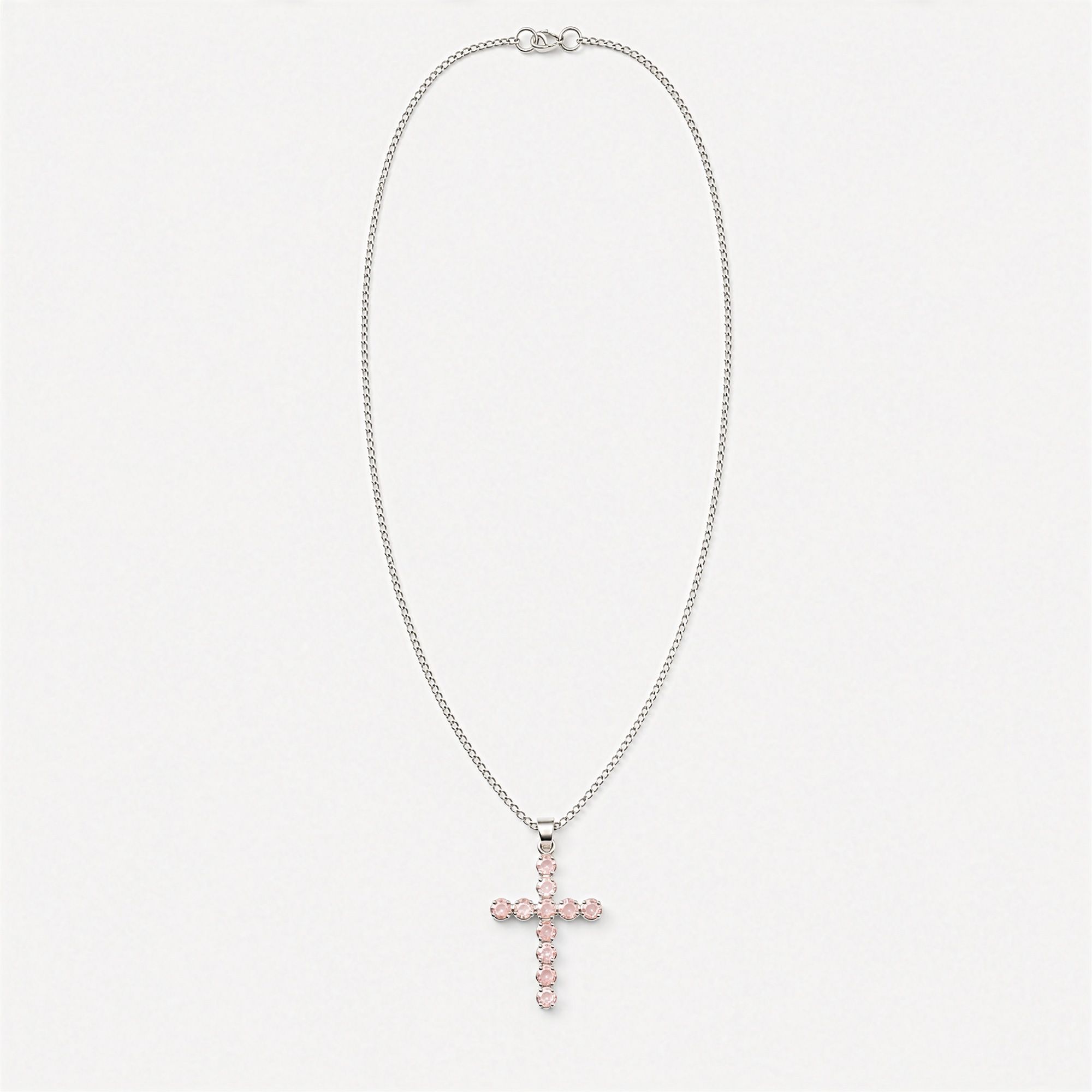 Rose Quartz Crucifix Pendant | Silver Plated | 45cm Chain