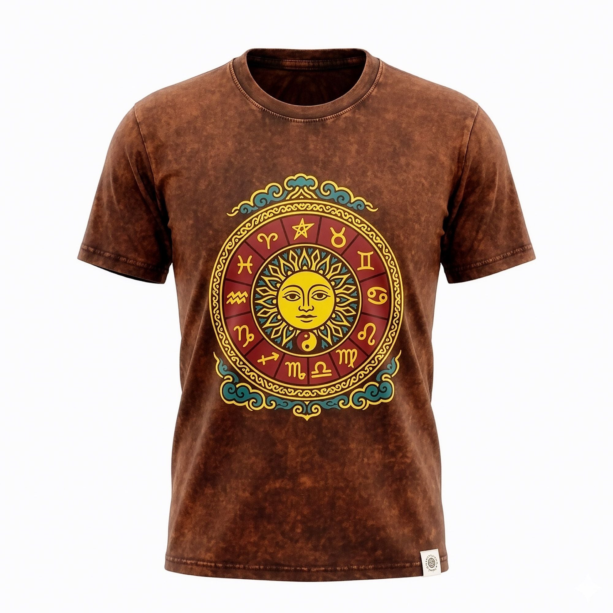 Nomad Sari Stonewashed Cotton T-Shirt | Sun & Zodiac | Brown | Medium