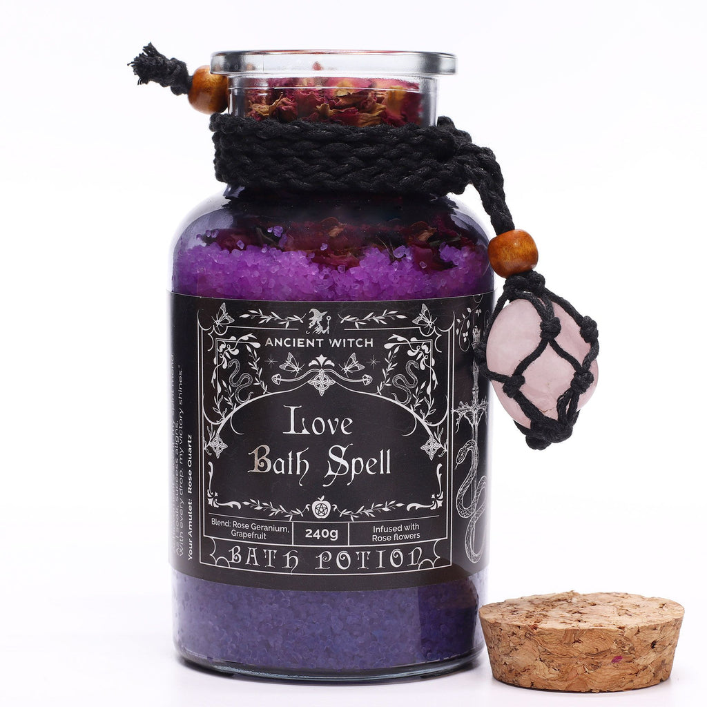 Ancient Witch Love Bath Spell Potion & Rose Quartz Crystal Amulet