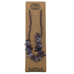 Necklace with purple stones on a brown jewelry card