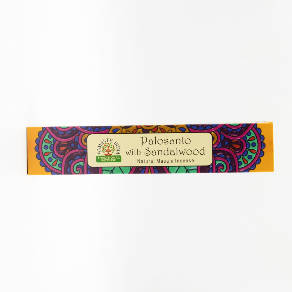 Incense stick box with colorful design and 'Palosanto with Sandalwood' text on a white background