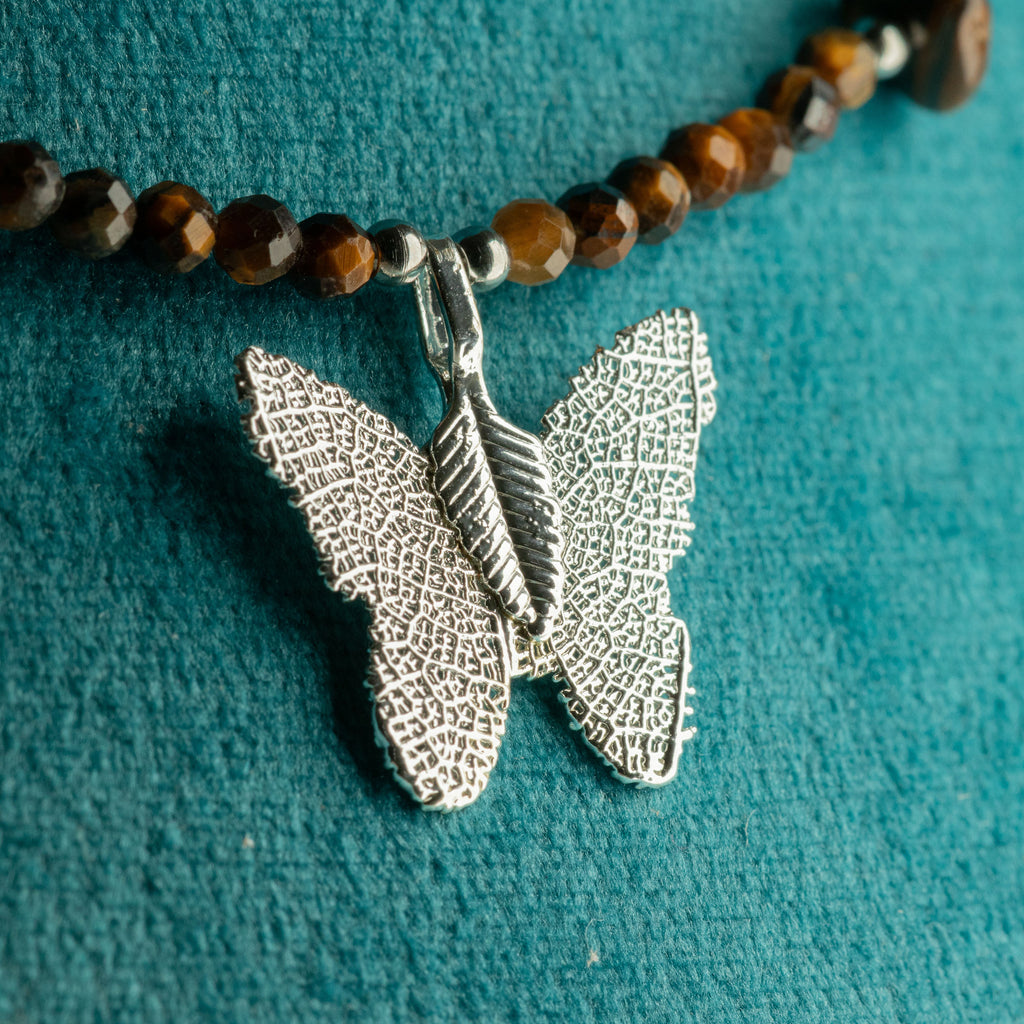 Nymph Tiger's Eye Gemstone Necklace with Real Leaf Butterfly Pendant