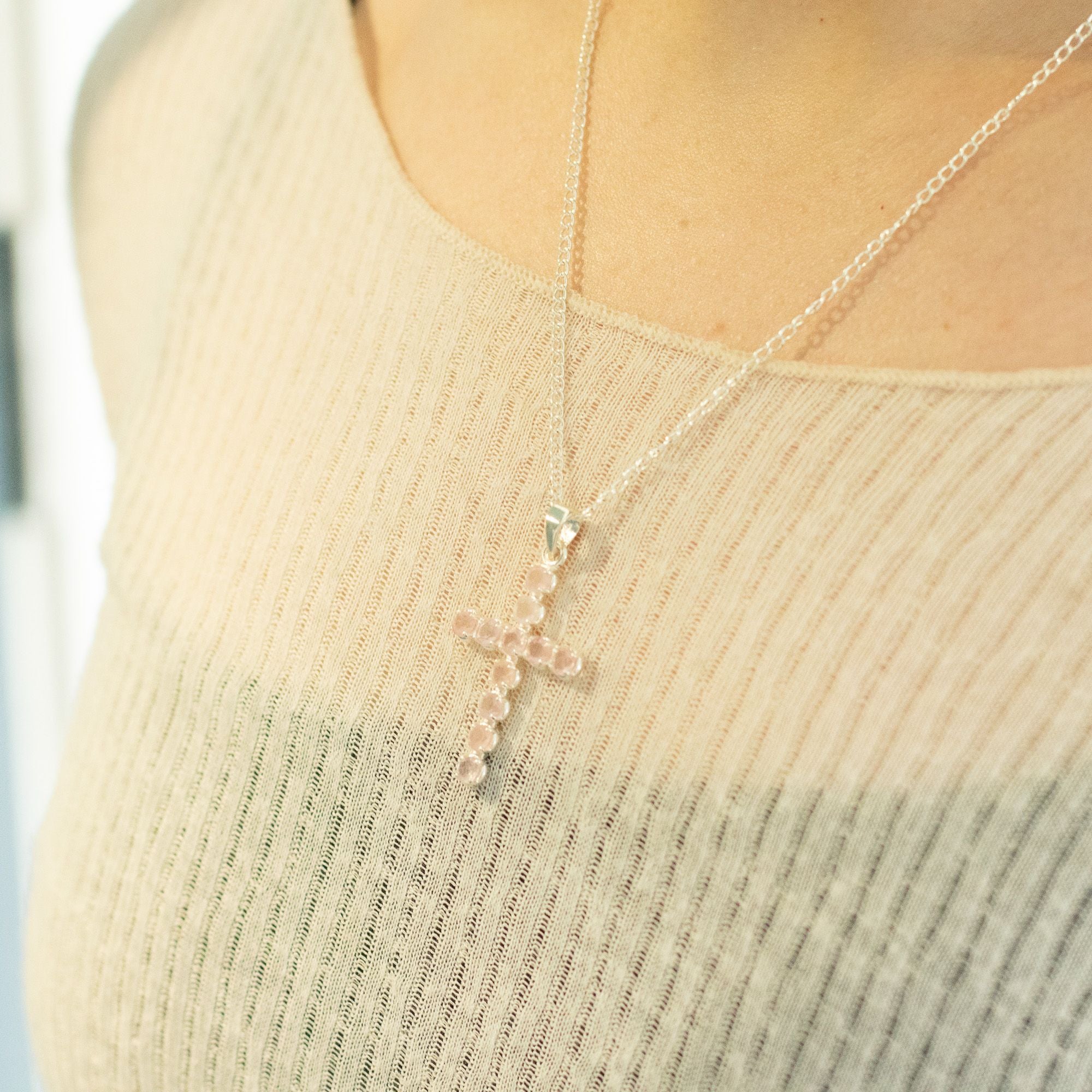 Rose Quartz Crucifix Pendant | Silver Plated | 45cm Chain