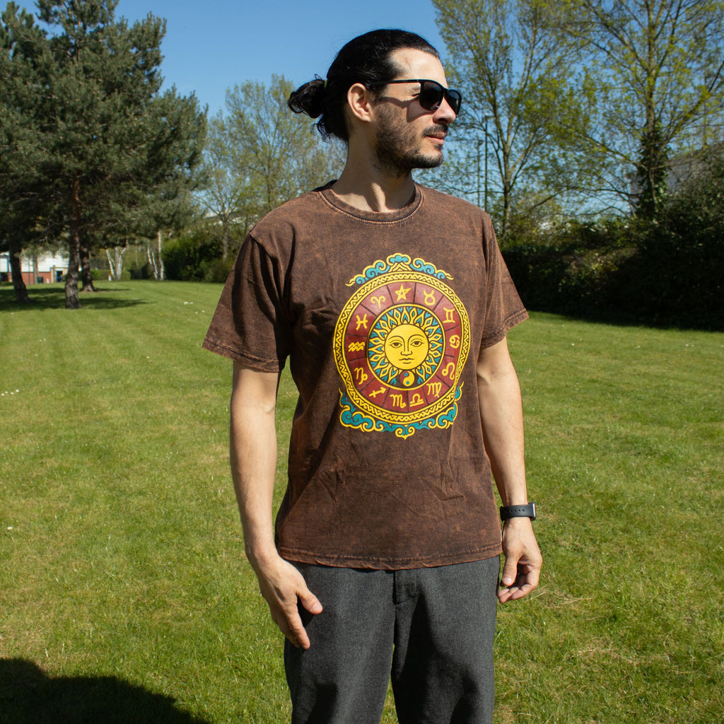 Nomad Sari Stonewashed Cotton T-Shirt | Sun & Zodiac | Brown | Medium
