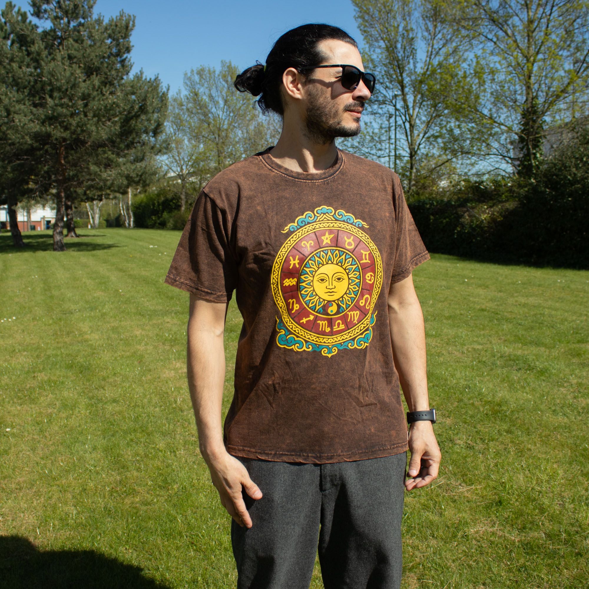 Nomad Sari Stonewashed Cotton T-Shirt | Sun & Zodiac | Brown | Medium