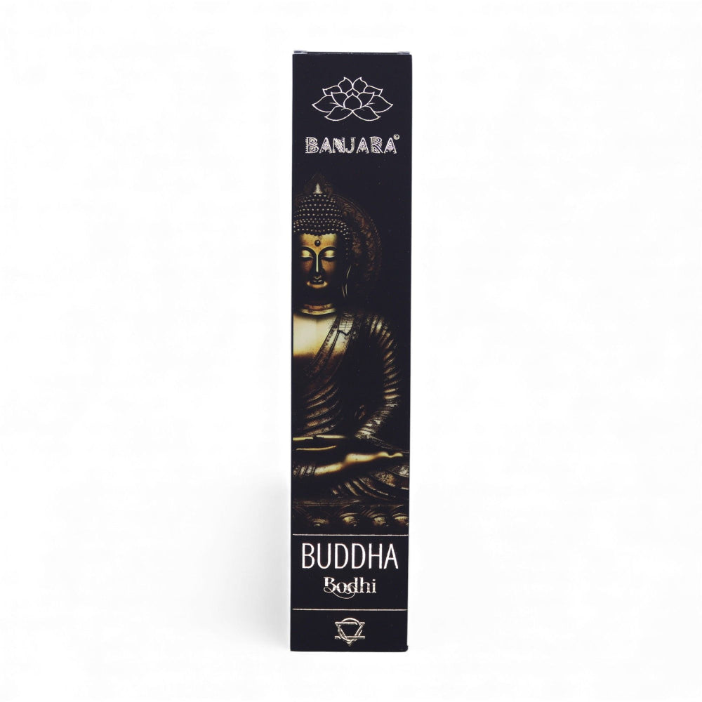 Pack of incense sticks with Buddha design and Banjara branding on a white background