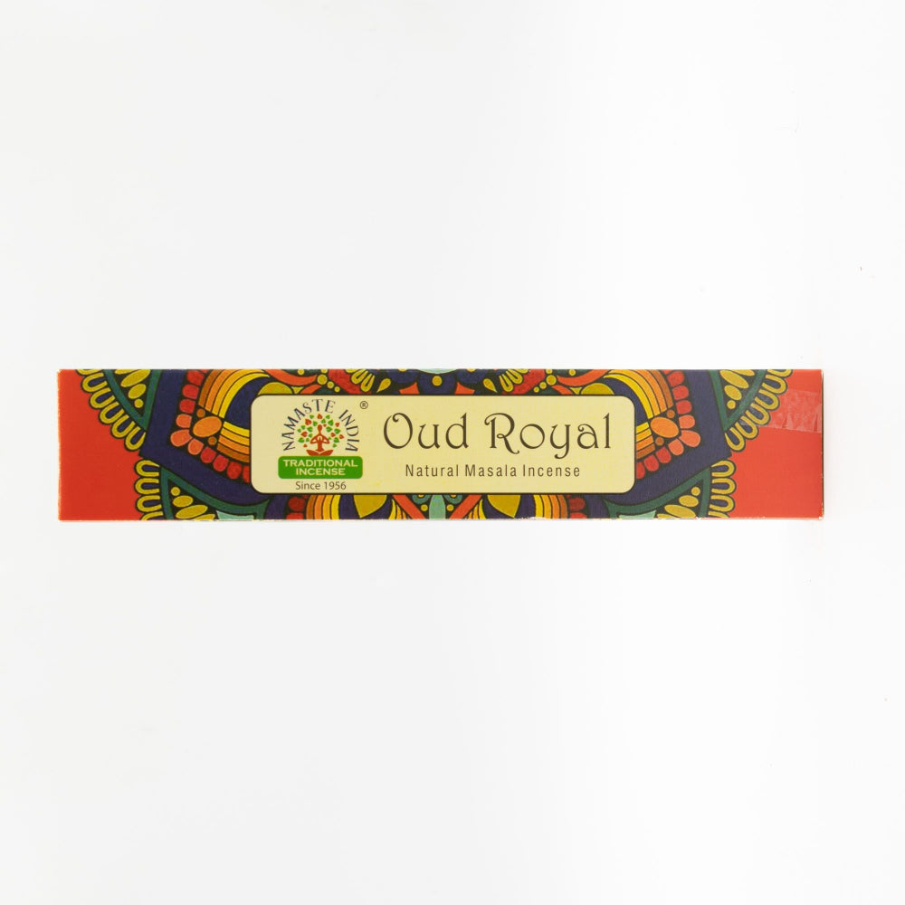 Oud Royal incense stick packaging with colorful design on a white background