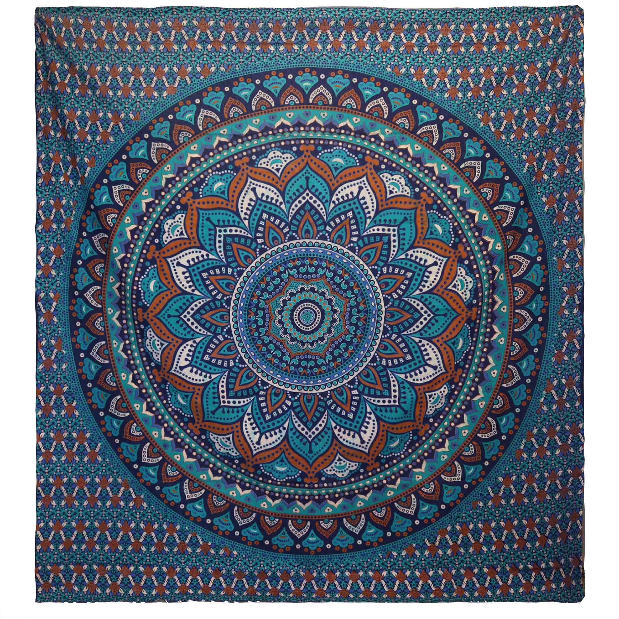 Classic Mandala Cotton Bedspread & Wall Hanging – Turquoise | Double