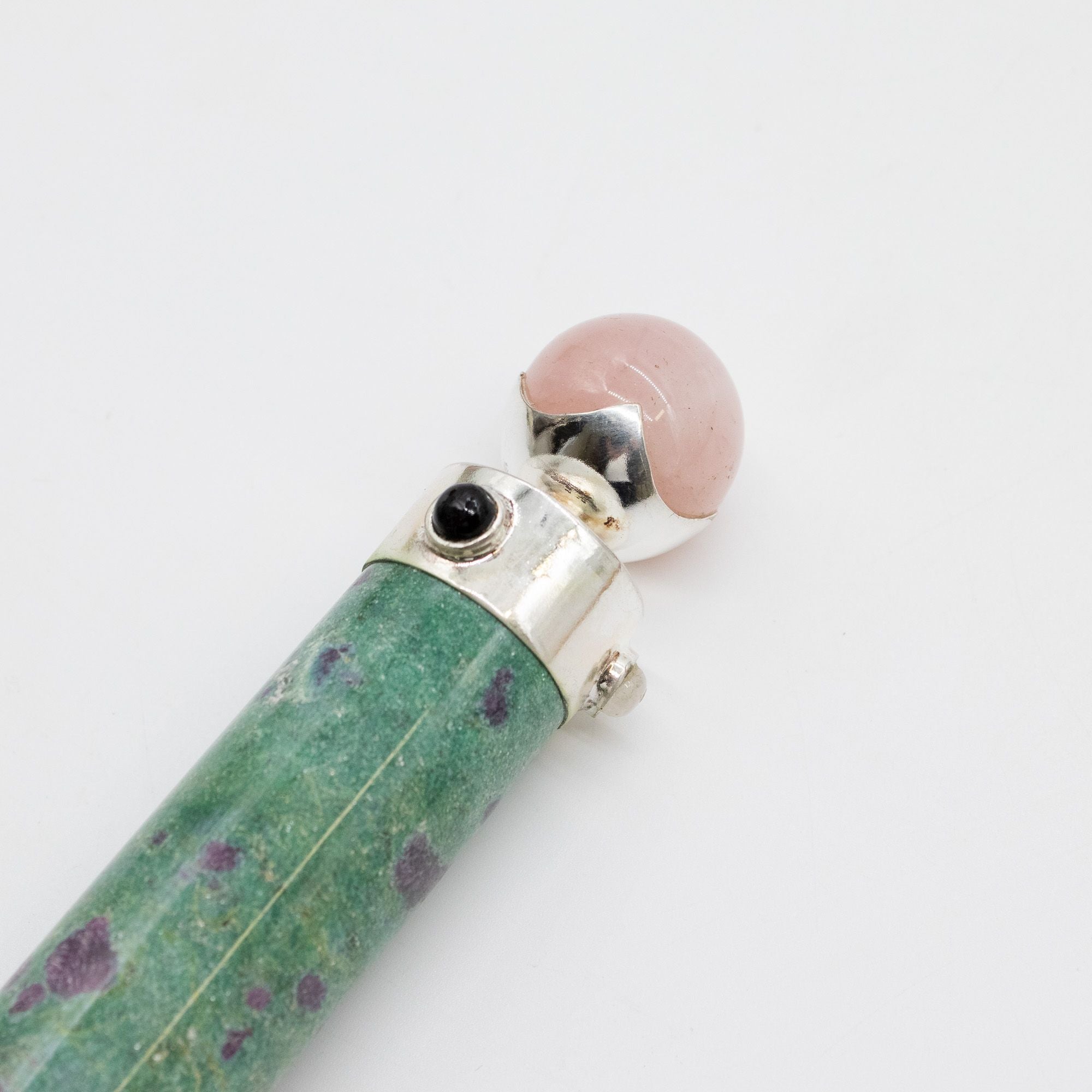 Verdant Heart Wand — Ruby Fuchsite & Rose Quartz Crystal Ball Top