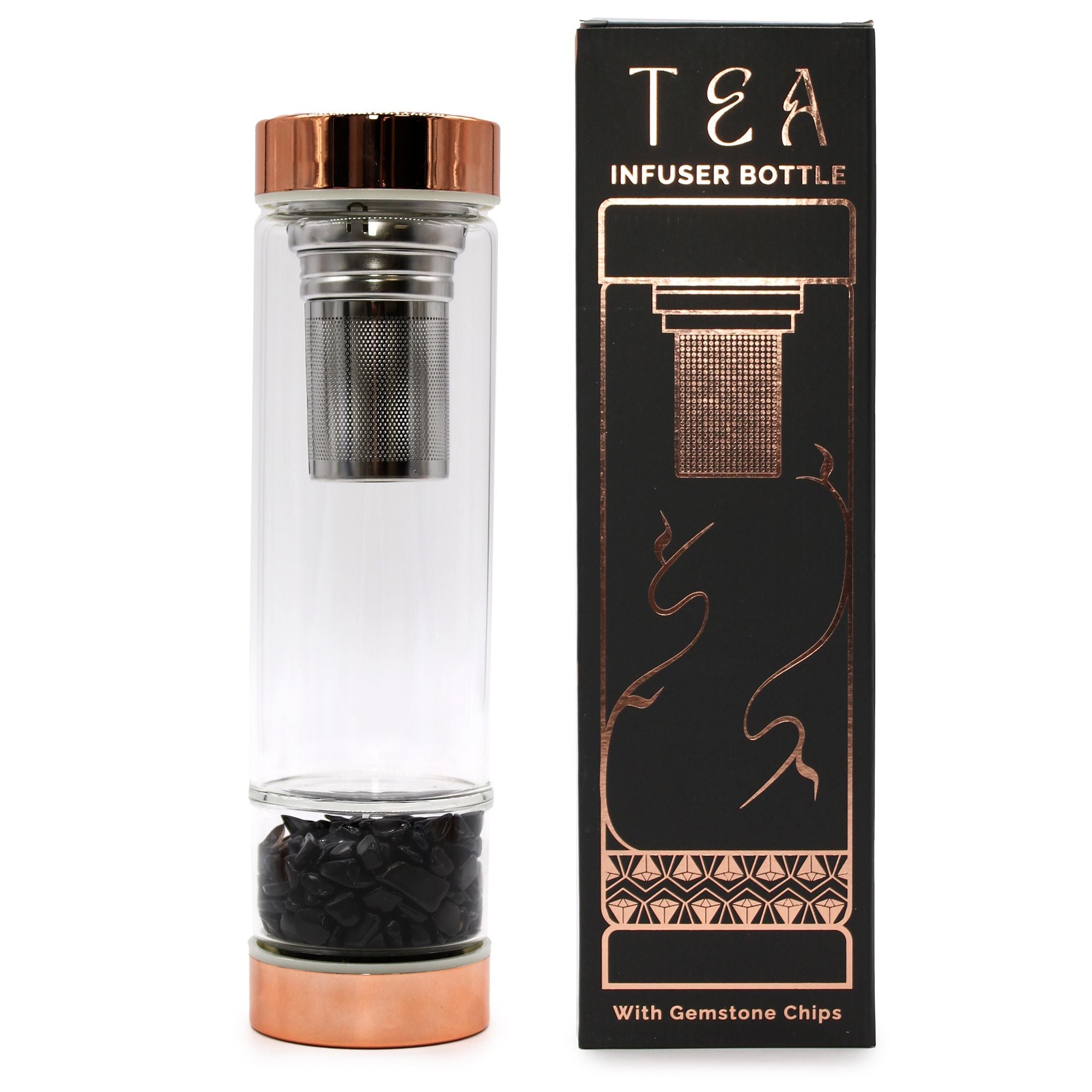 Black Onyx Crystal Glass Tea Infuser Bottle | Rose Gold | 500ml