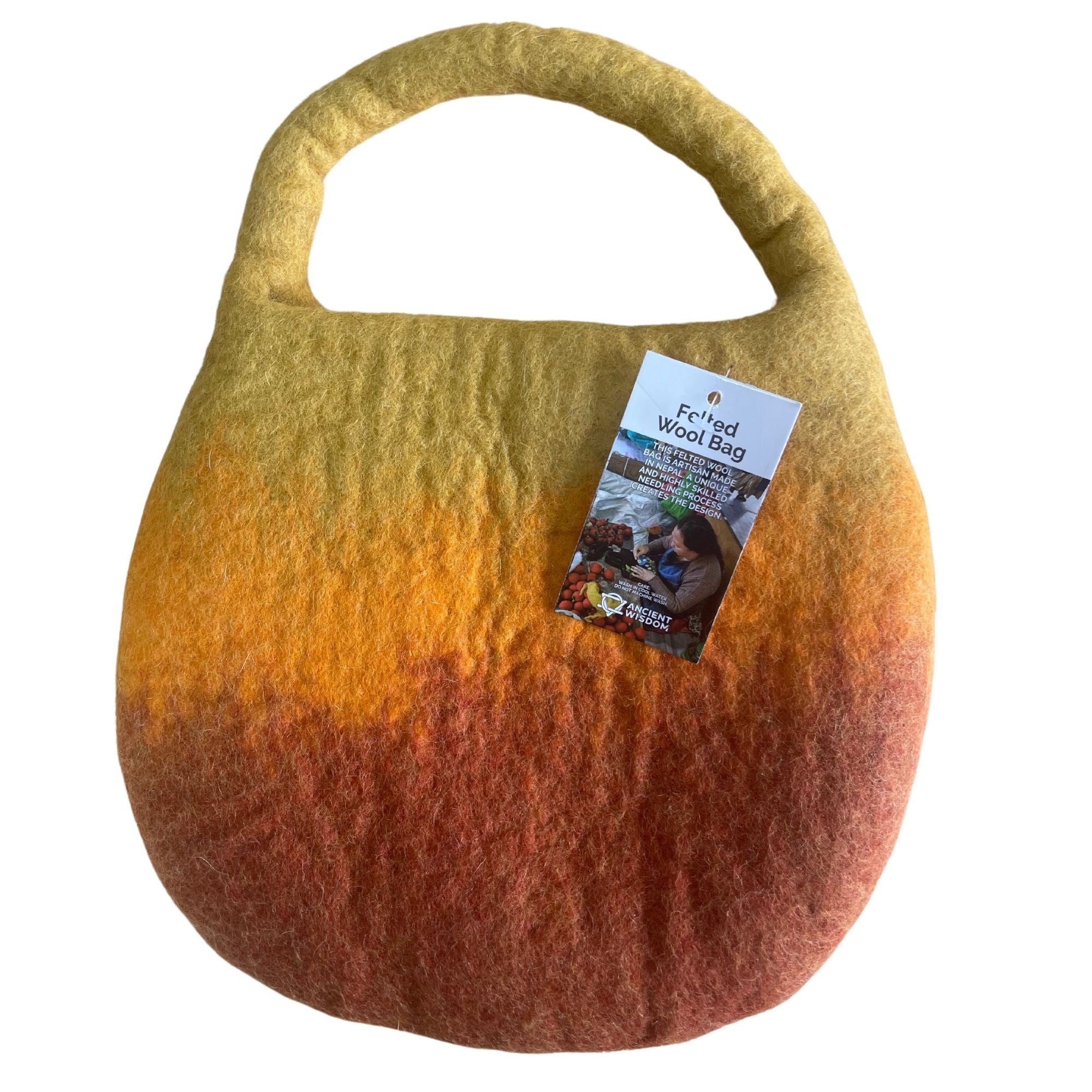 Wool bag with gradient color pattern and product tag on a white background