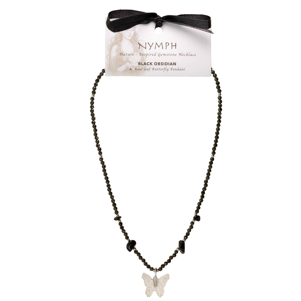 Nymph Black Obsidian Gemstone Necklace | Real Leaf Butterfly Pendant