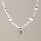 Nymph Rose Quartz Gemstone Necklace with Real Leaf Butterfly Pendant