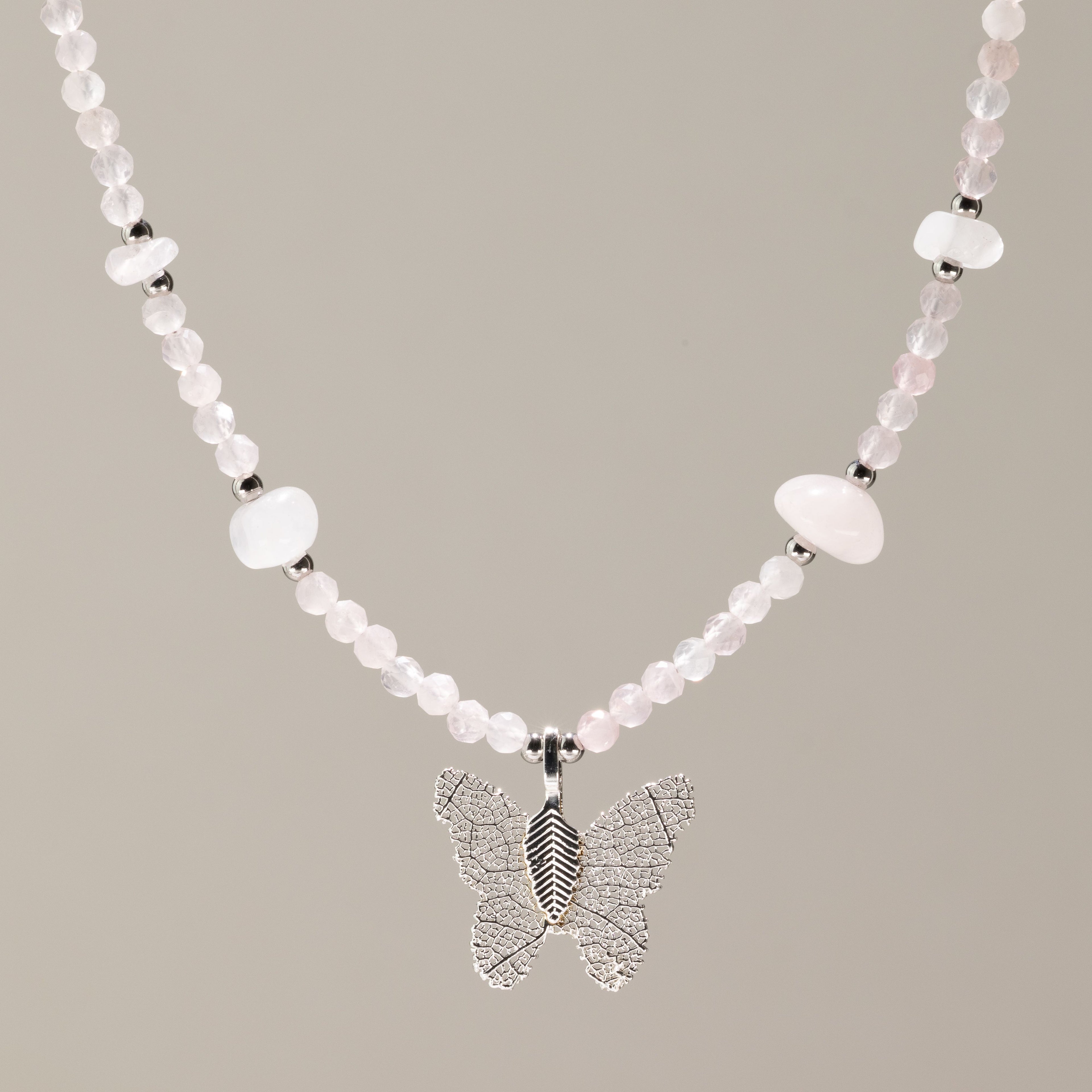 Nymph Rose Quartz Gemstone Necklace with Real Leaf Butterfly Pendant