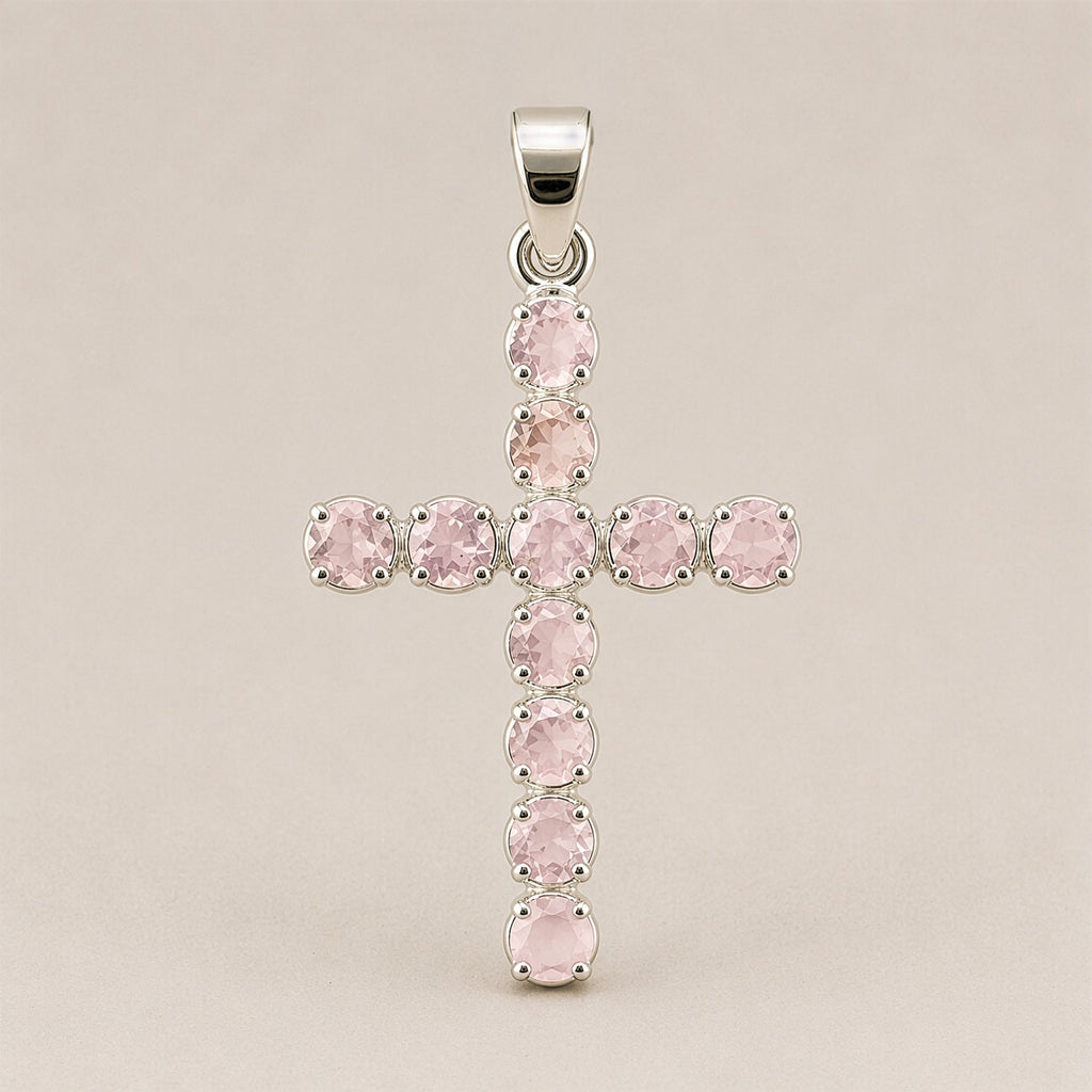 Rose Quartz Crucifix Pendant | Silver Plated | 45cm Chain