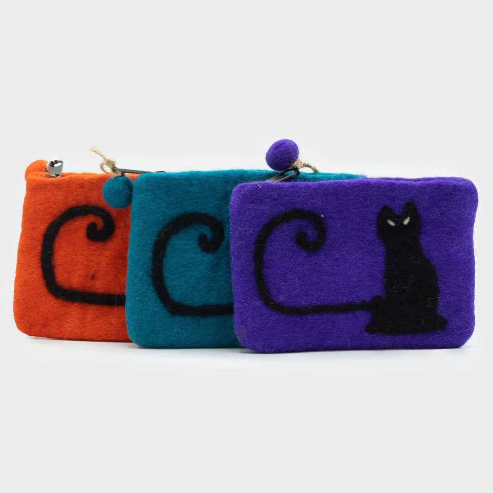 Cat Face Felt Zipper Pouch | Handmade Wool Pouch from Nepal