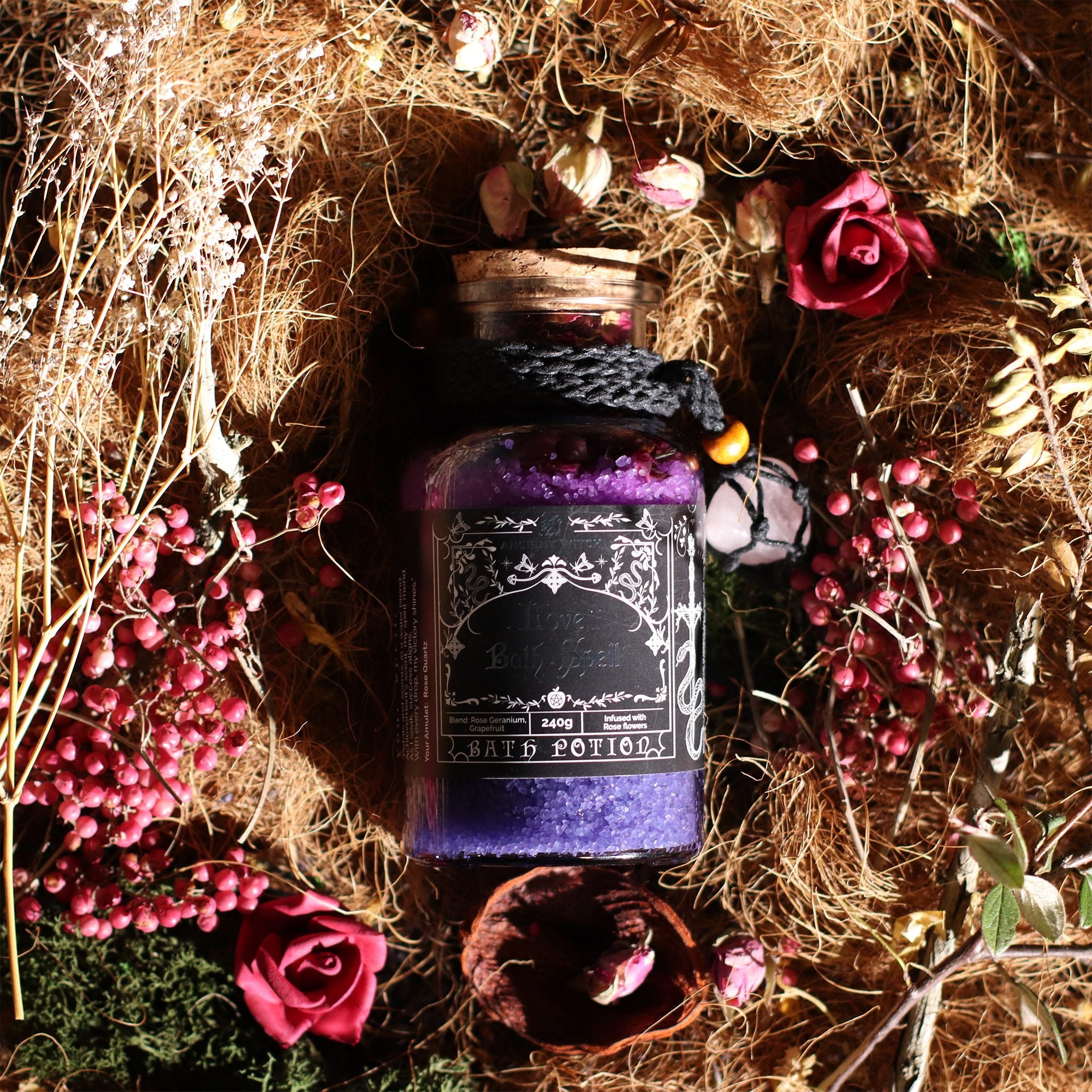 Ancient Witch Love Bath Spell Potion & Rose Quartz Crystal Amulet
