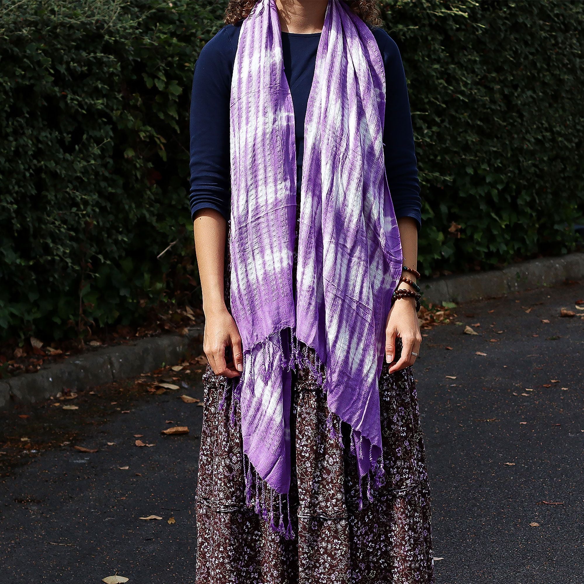 Lavender Stripes & Motif Boho Java Art Stole Scarf