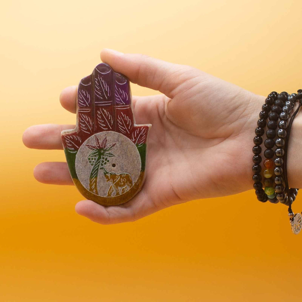 Elephant & Palm Soapstone Hamsa Incense Holder