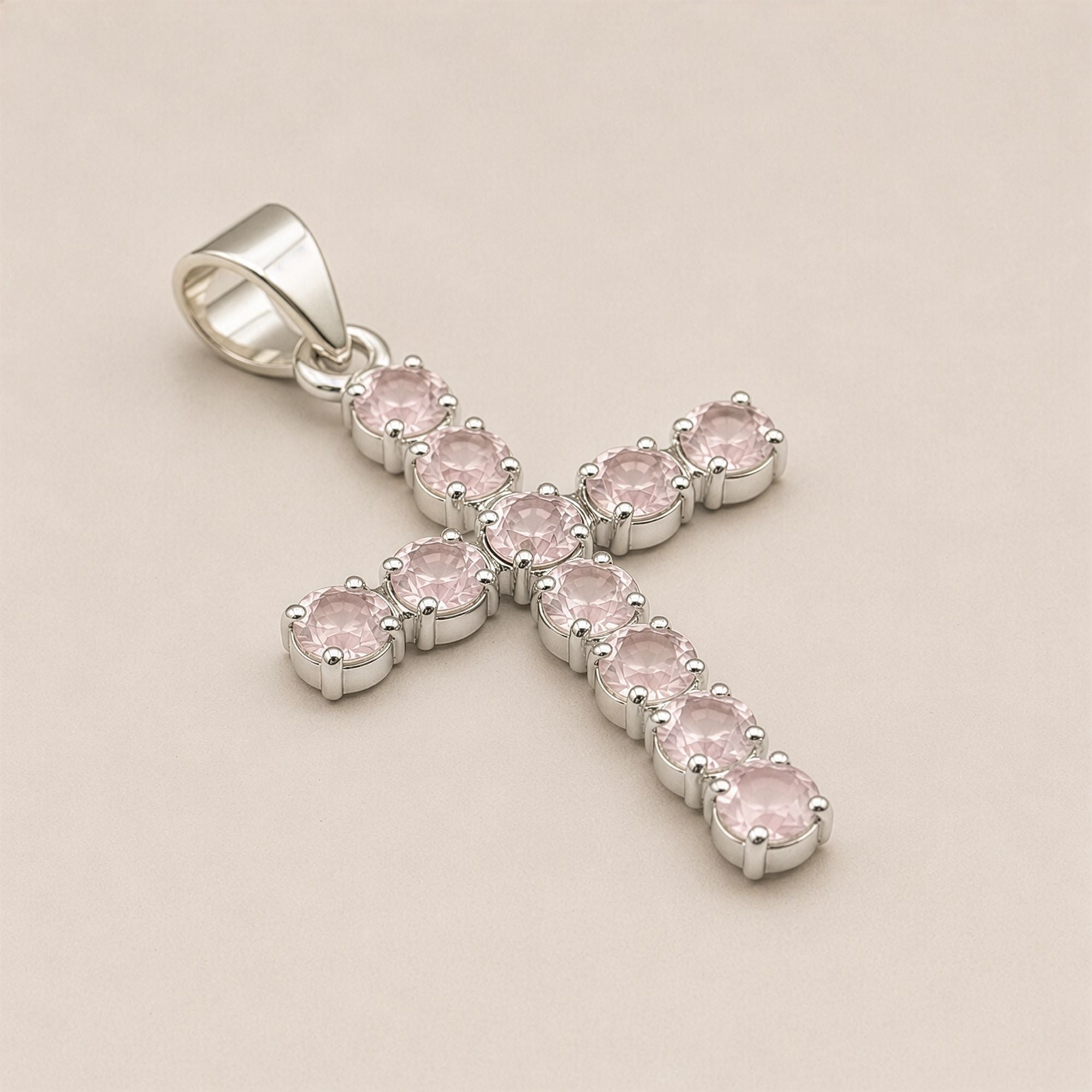 Rose Quartz Crucifix Pendant | Silver Plated | 45cm Chain