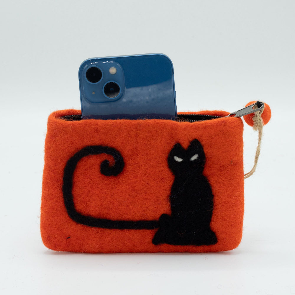 Cat Face Felt Zipper Pouch | Handmade Wool Pouch from Nepal