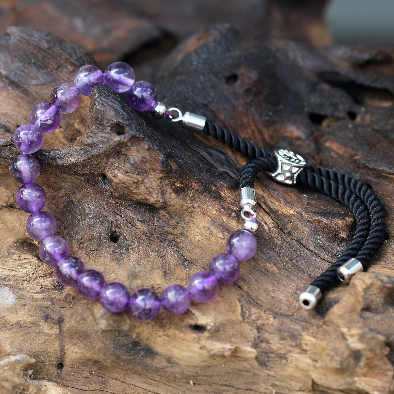 Amethyst 925 Silver Plated Gemstone Black String Bracelet