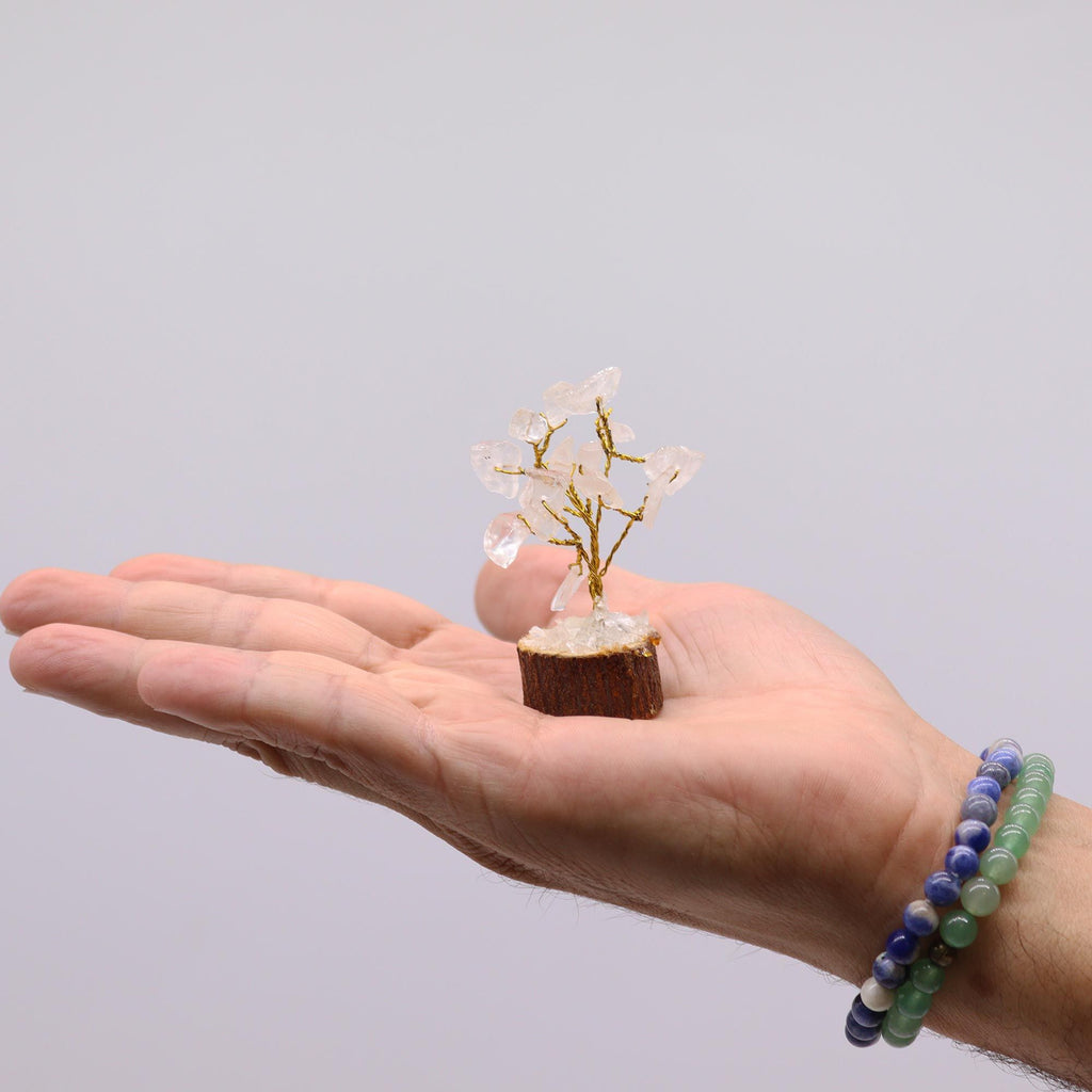 Mini Gemstone Tree On Wood Base- Rock Quartz     (15 stones)