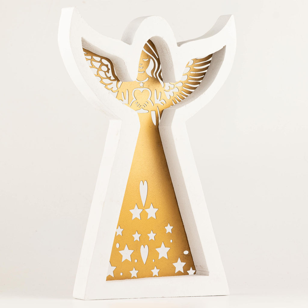 Whitewashed Mango Wood Angel with Iron Cut-Out - Large