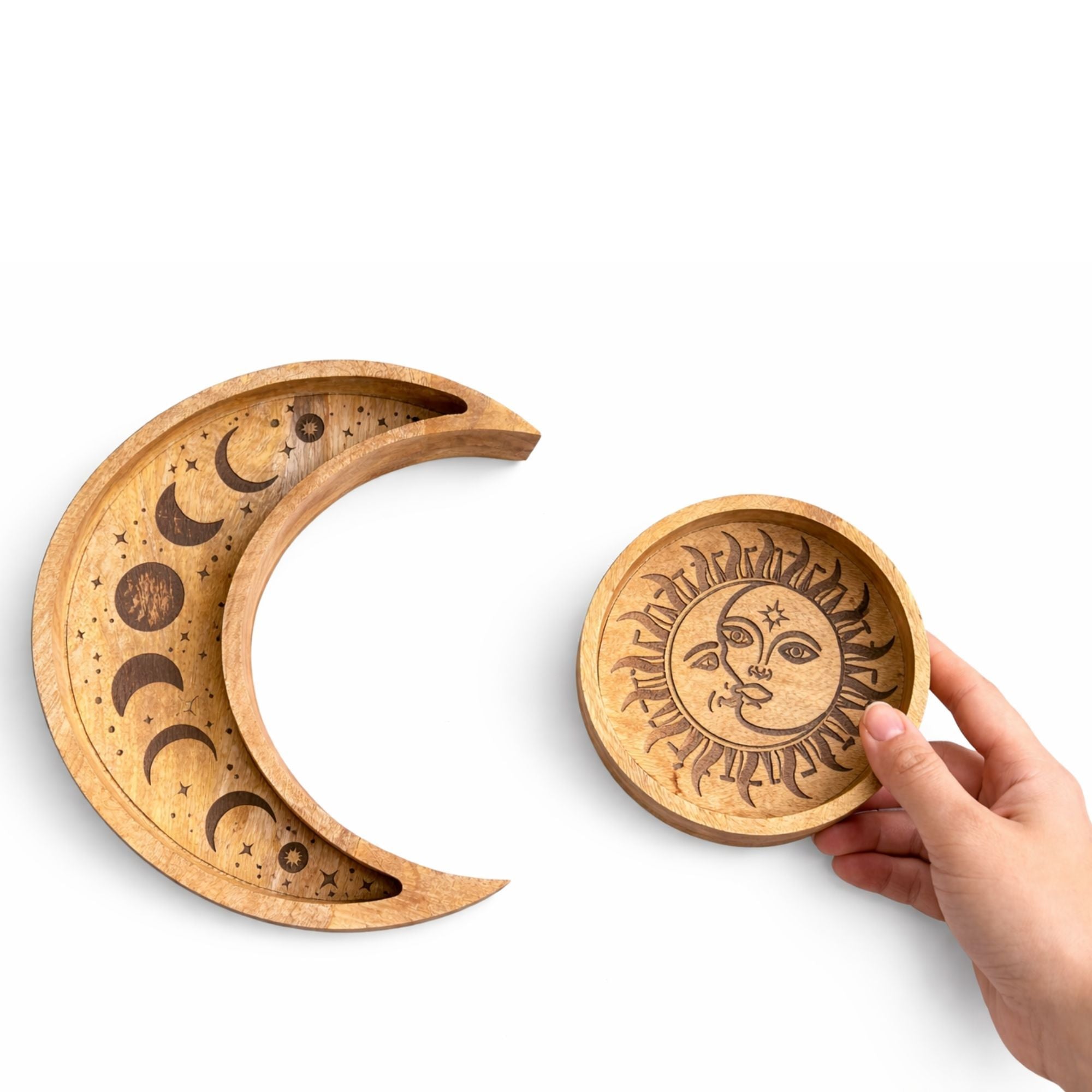 Celestial Sun & Moon Carved Tray Set | Wooden Altar Trays | Set of 2