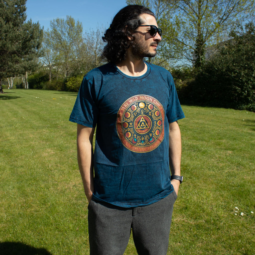 Nomad Sari Stonewashed Cotton T-Shirt | Stay Wild Moon Child | Blue | Small