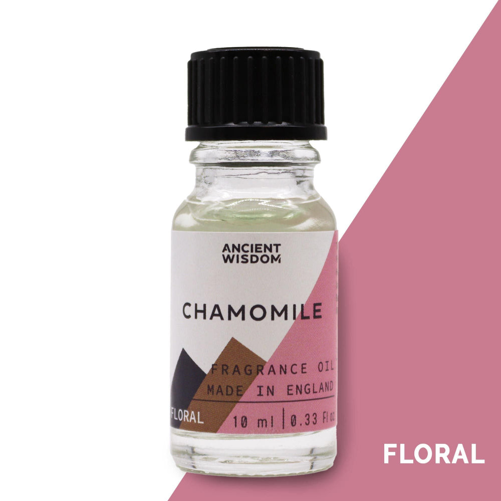 Bottle of chamomile fragrance oil with a geometric label on a white background